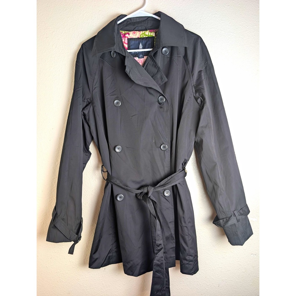 London Fog Women's Large Black Double Breasted Belted Trench Coat Floral Lining